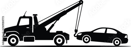 Tow Truck Towing Broken Car Black Silhouette Vector Illustration, Roadside Assistance and Vehicle Recovery Service Icon on White Background