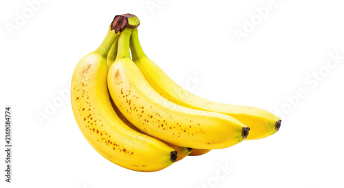Fotografie Bunch of ripe yellow bananas with brown spots on a transparent background, healthy fruit snack