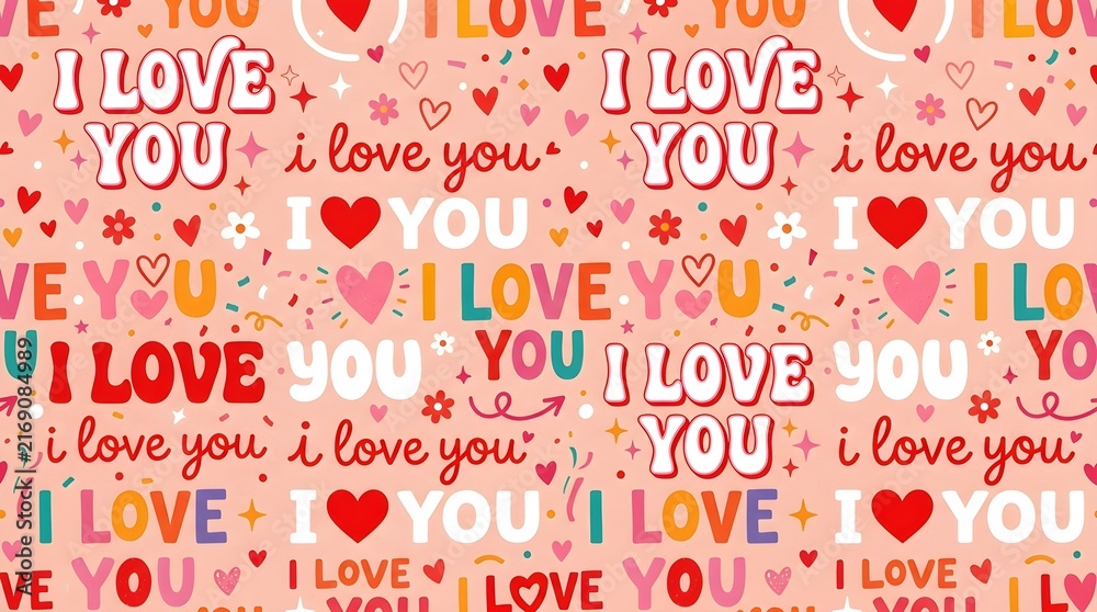 Retro valentine pattern background with i love you text and hearts design seamless pattern