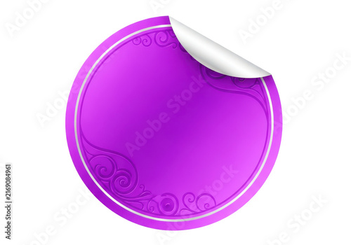 Purple round sticker with ornamental pattern and peeled corner on transparent background, for labels and decoration.