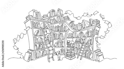 Whimsical Library Scene with Bookshelves, Ladders, and Flying Papers