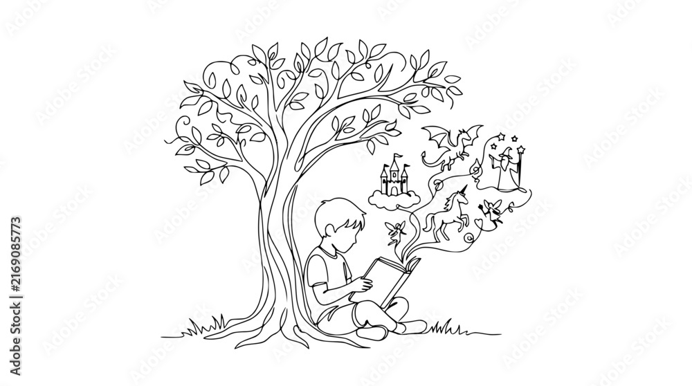 Fototapeta premium Boy reading book under tree, imaginative fantasy world unfolds, isolated