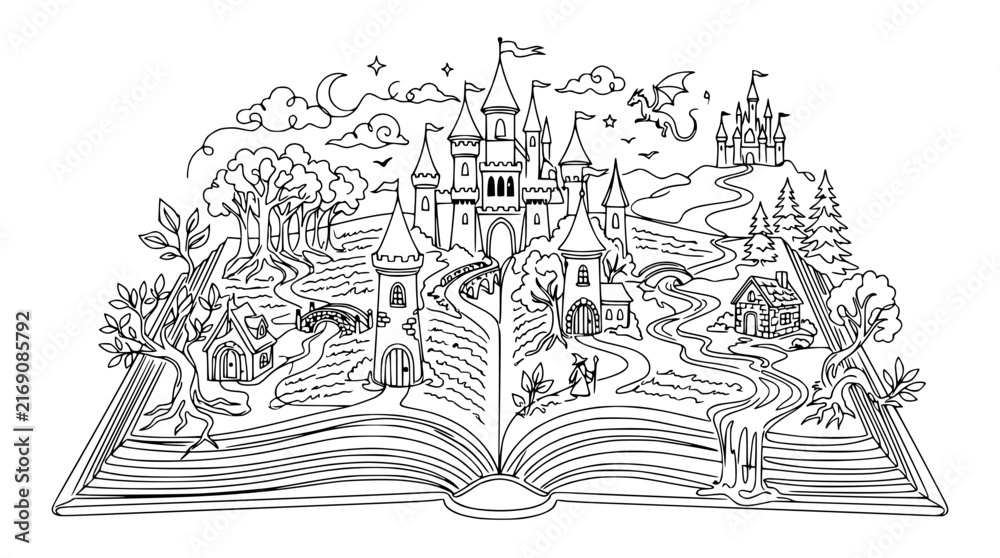 Fototapeta premium Fantasy Storybook Castle Landscape Illustration, Open Book, Dragon, Isolated