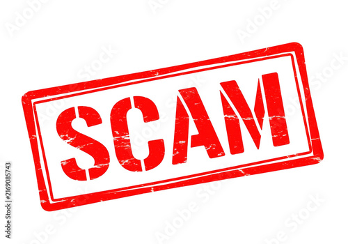 A red distressed rubber stamp with the word SCAM boldly printed diagonally on a transparent background, symbolizing fraud.