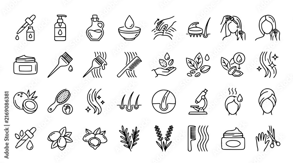 Fototapeta premium Hair Care Outline Icons Set for Hair Treatment, Beauty Products, Natural Ingredients, Scalp, and Dermatology. Line Art Vector.