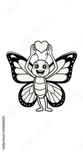 Cute Cartoon Butterfly Character Illustration Black and White.