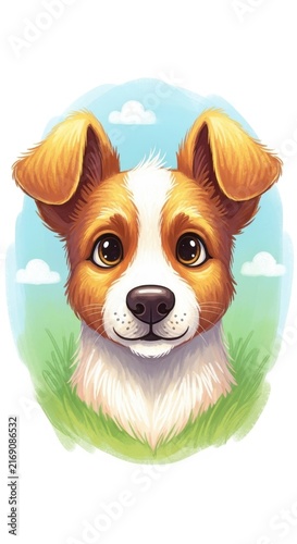 Cute Cartoon Dog Portrait with Blue Sky Background.