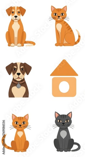 Cute cartoon dogs and cats with a house icon illustration.