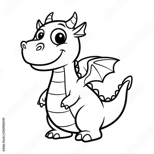 Cute Cartoon Dragon Illustration Black and White Line Art.