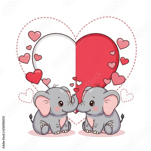Cute cartoon elephants sharing love under heart shape.