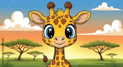 Cute Cartoon Giraffe in African Savanna Sunset.