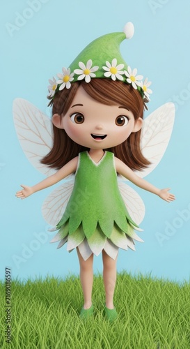 Cute Cartoon Fairy Girl with Flower Crown and Wings.
