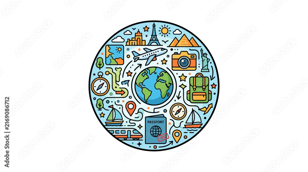 Naklejka premium Explore the travel world through a vacation adventure tourism concept featuring an airplane and landmarks in a colorful circular illustration.