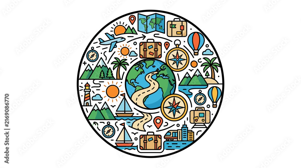 Naklejka premium Global travel concept with a central globe and adventure icons including luggage and compass for vacation planning and tourism.