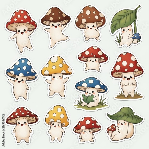 Cute Cartoon Mushroom Characters with Happy Faces.