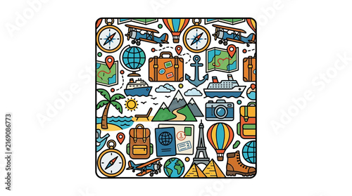 A vibrant travel adventure pattern featuring tourism vacation and exploration icons including airplanes, suitcases, globes, and world landmarks.