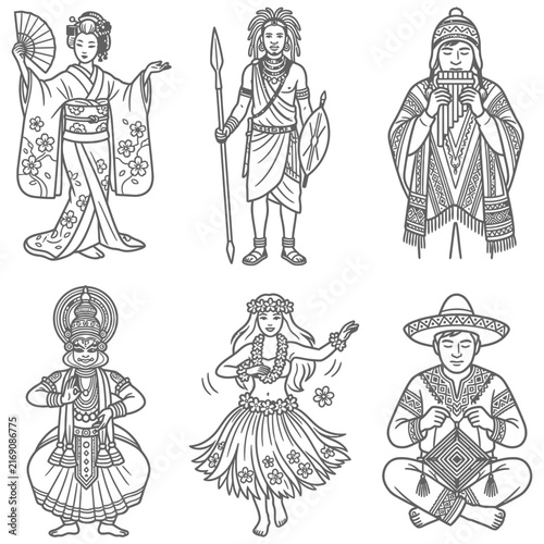 Hand-drawn traditional costumes representing cultural diversity and ethnic characters showcasing world heritage and people around the globe.