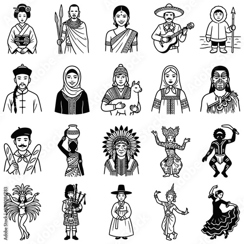 A comprehensive collection of line art icons depicting cultural diversity and traditional costumes from various ethnic people, celebrating world