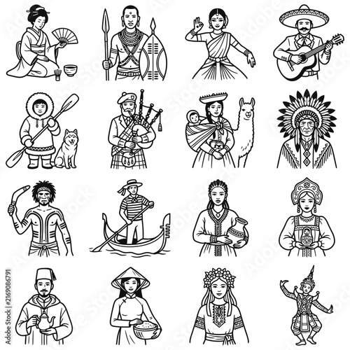 Comprehensive people set representing global culture and ethnic diversity through traditional attire and world heritage costumes from various nations.