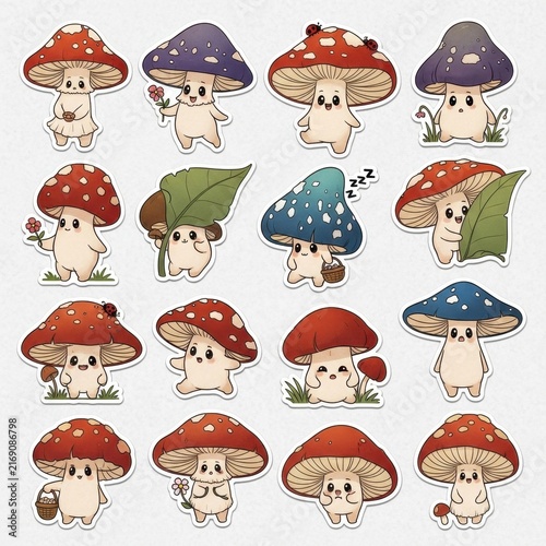 Cute cartoon mushrooms with faces and accessories.