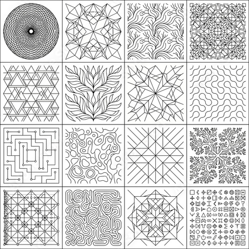 Abstract pattern collection of sixteen generative art squares featuring circuit board layouts, geometric lines, and minimalist monochrome design