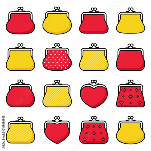 Collection of colorful purse and coin pouch symbols, featuring a wallet grid pattern for themes of saving money and finance.