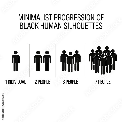 A minimalist progression of black human silhouettes showing population growth from an individual to a group of people at a social gathering.