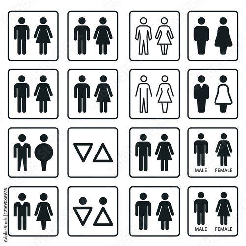Comprehensive set of restroom icons including male and female washroom symbols and toilet signs with gender silhouettes for public signage.