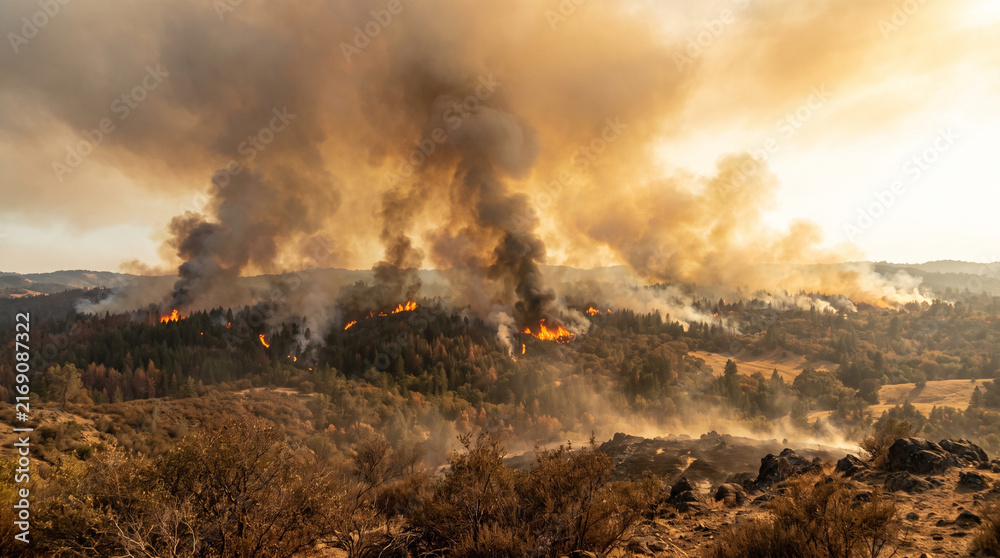 Fototapeta premium Massive wildfire spreading across a dry forest landscape