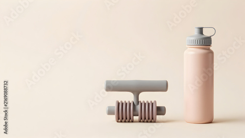 Minimalist still life of water bottle and pump mechanism