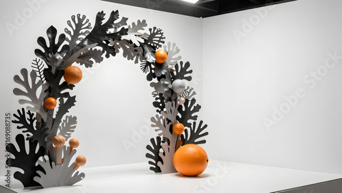 Decorative archway made of stylized leaves and oranges
