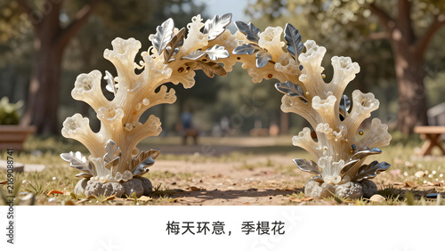 Ornate floral archway decoration with silver leaves in a park setting