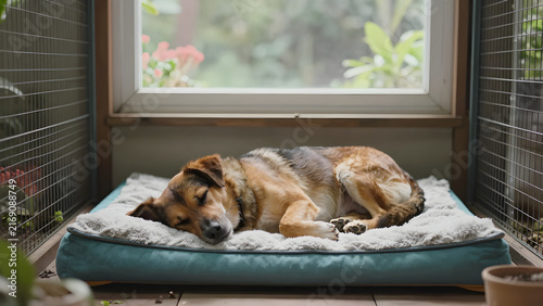 Dog sleeping soundly on a soft bed by a bright window