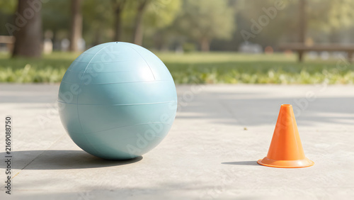Blue exercise ball and orange cone on concrete outdoors