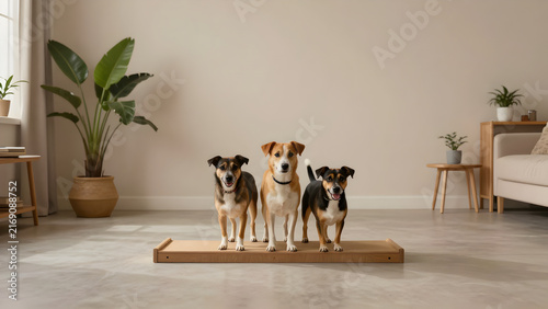 Three dogs standing on a wooden platform indoors