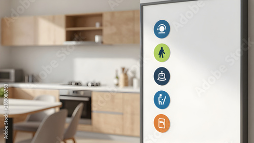 Digital interface icons displayed next to a modern kitchen background