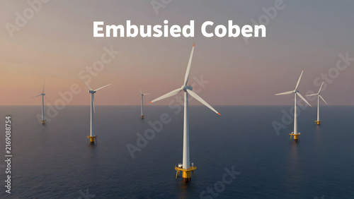 Offshore wind turbines on the ocean at sunset or sunrise