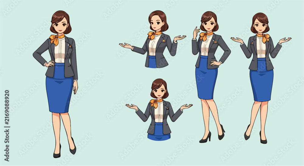 Obraz premium Set of anime style business woman characters in various poses.
