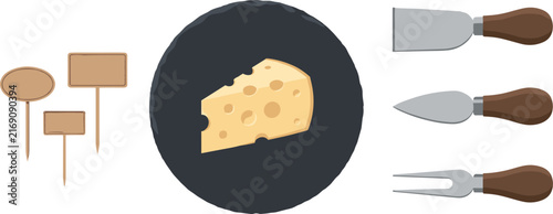 Gourmet Cheese Board Set with Sliced Cheese on Board Specialized Cheese Knives Fork and Blank Wooden Labels Vector Illustration for Restaurant Menu Designs