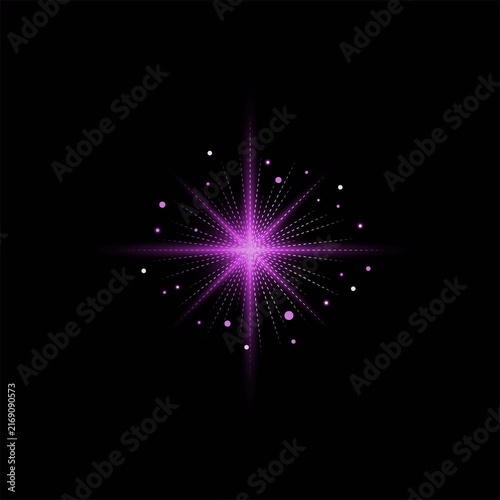 Foto Bright purple star burst with glowing light rays and sparkles isolated on a blac