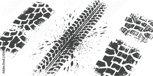Black tire track marks and muddy wheel prints set for automotive design elements and off road vehicle graphics