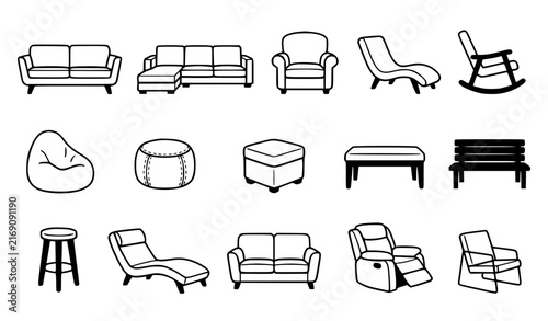 Картината върху платно Living room seating furniture vector icon set with sofa armchair bench bean bag