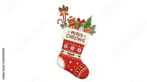 Decorative red Christmas stocking filled with festive holiday gifts and ornaments.