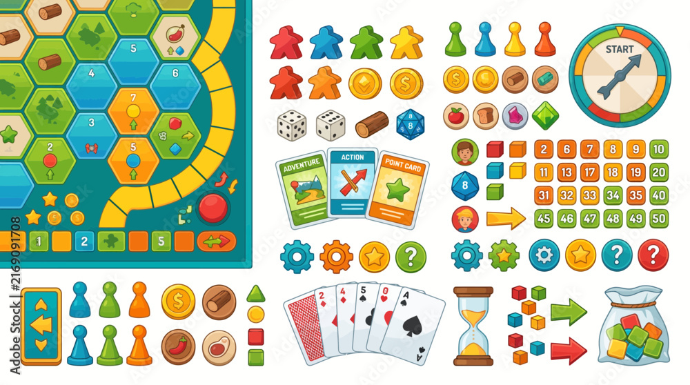 Fototapeta premium Set of board game elements including board pieces cards dice and tokens.
