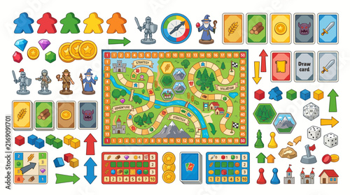 Set of colorful board game elements including map tokens cards and dice for tabletop gaming.