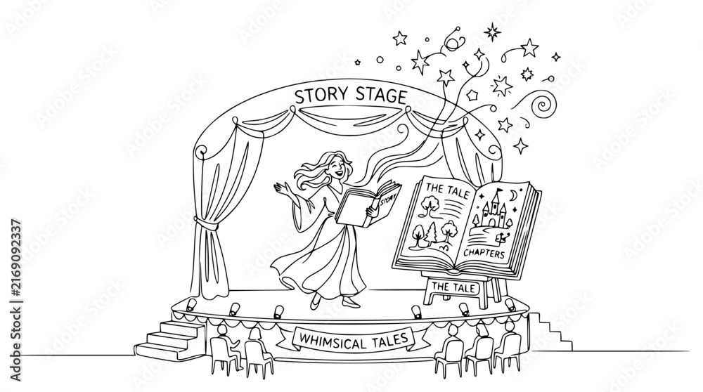 Fototapeta premium Storyteller on Stage with Open Book, Whimsical Tales Performance