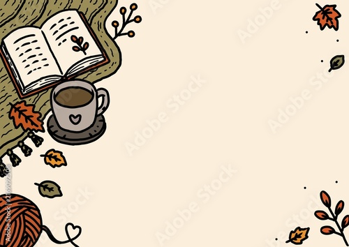 Cozy Autumn Coffee & Reading Background with Copy Space. Rustic, cozy composition suitable for planners, journals, stationery, invitations, social media designs, and seasonal backgrounds.