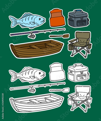 Fishing Equipment Color and Outline Elements Set