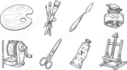 Vintage Fine Art Supplies and Painting Studio Tools Engraving Style Vector Icon Set Featuring Wooden Palette Paint Brushes Palette Knife Easel and Paint Tube