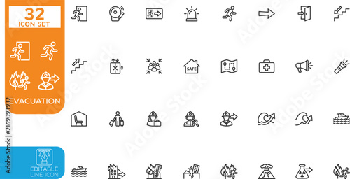 Editable line Vector illustration icon set. Contain icons related to evacuation, exit, direction, route, escape, and more. Editable stroke. Vector illustration on transparent background.